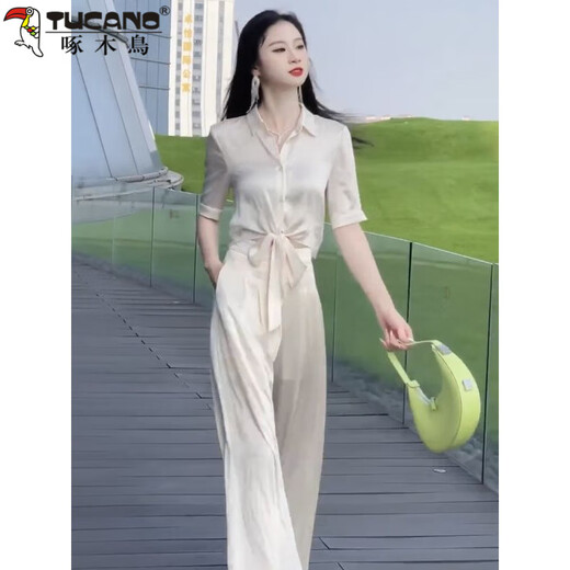 
Woodpecker (TUCANO) high-end internet celebrity fashion suit for women 2025 summer new Korean style lace-up short shirt + wide-leg pants commuting apricot color [set] M [Suggested 105Jin [Jin equals 0.5 kg] below]