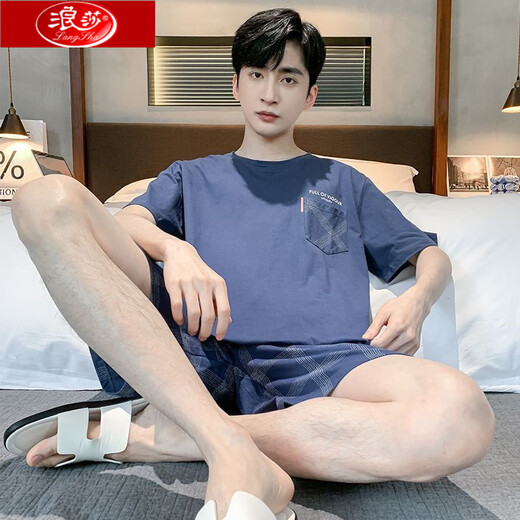 浪莎睡衣男夏季短袖短裤纯棉薄款套装大码宽松两件套男款家居服可外穿 HD9928D短袖套装 L 100-125斤