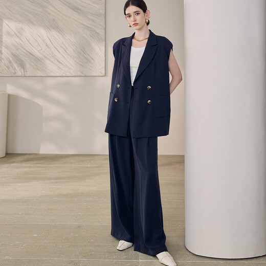 
ROEYSHOUSE Lace High Dark Blue Loose Vest Jacket 2025 Summer New Intellectual Commuter Line Set 12342 Dark Blue (Pants) XL