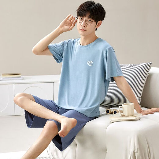 檬纤莫代尔男士睡衣套装夏季短袖短裤薄夏冰丝感宽松休闲大码家居 G【6624】莫代尔短裤-凉感透气 XL 【建议120-140斤内】