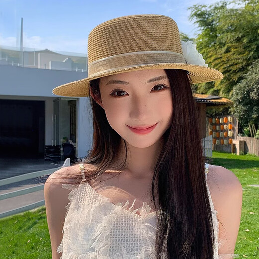 Yijian Flower Sun Hat French Straw Hat Women's New Elegant Top Hat Camellia Flat-brimmed Straw Hat Beach Beach Beach Sun Hat Flower Flat-brimmed Straw Hat [Khaki]