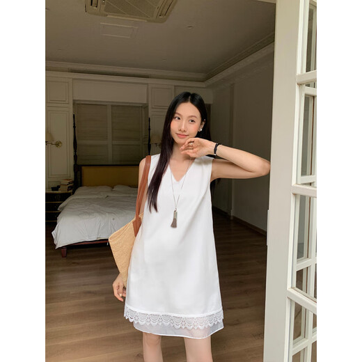 Dentro y fuera de 2025 Summer Corea con cuello en V de encaje de cuello en V empalmado vestido sin mangas para mujeres 15052 White L