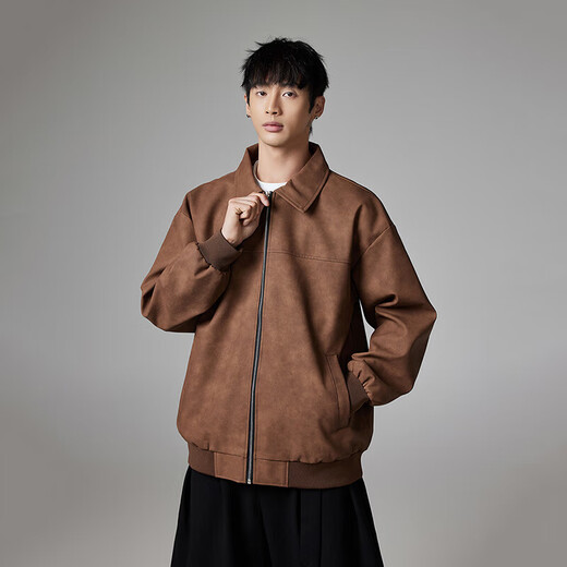 American casual washed leather jacket for men, trendy brand PU leather outer wear, simple men's long-sleeved loose men's top, light brown 2XL (recommended 150-170Jin Jin equals 0.5kg)