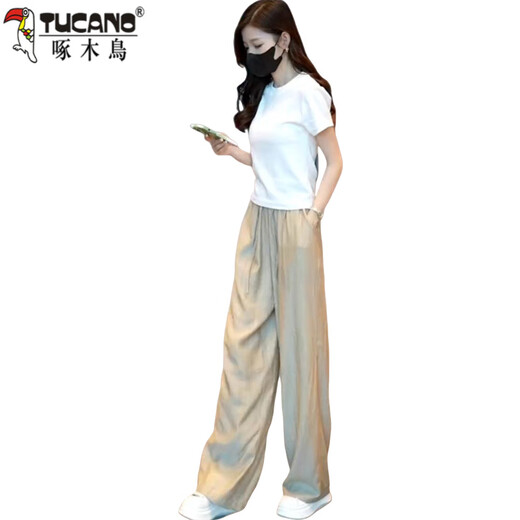 Atuendo de verano de carpintero con un conjunto completo de camisetas delgadas fritas en la calle, pantalones de patas anchas de seda de hielo, juego de dos piezas para mujeres, pantalones negros m (recomendado 100 Jin [Jin iguala 0.5 kg])