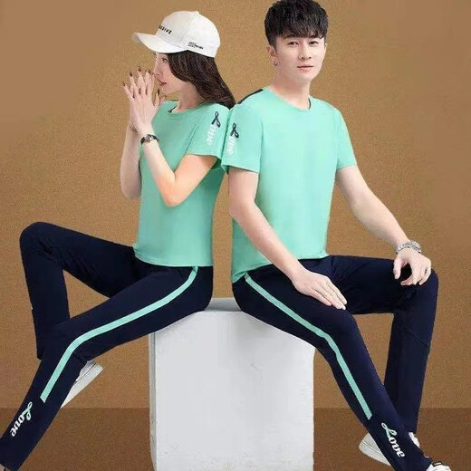 NSFK新款休闲纯棉夏情侣健身跑步广场舞两件套短袖长裤运动男女套装 F7027  高质量 红拼黑 4XL 【男款1套】