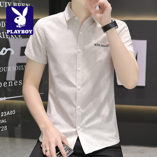 Playboy; Playboy Summer Dünnes kurzärmeliges Hemd Männer 2025 Neue trendige, schlankes hübsches Hemd modische einfache vielseitige Top Männer 844 Khaki XL