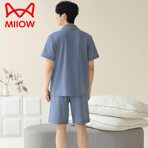 Catman (MiiOW) pajamas men's summer pure cotton short sleeve shorts cardigan thin large size solid color casual home clothing set royal blue 12805 [100 pure cotton] L [recommended 100-120 Jin [Jin equals 0.5 kg] wear]