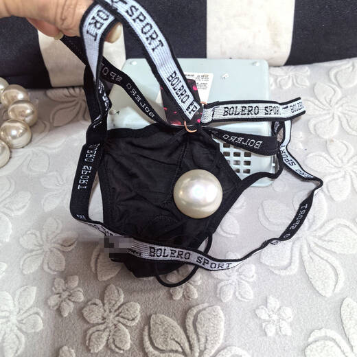 Men's double buttocks hanging 4 cm large beads, personalized play, stuffed into sexy thong, transparent buttocks stimulating underwear, black