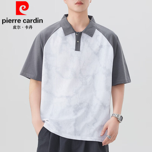 皮尔卡丹（pierre cardin）短袖插肩袖撞色POLO衫男士夏季美式复古宽松潮牌扎染中袖翻领T恤 695棕色 M 105-125斤