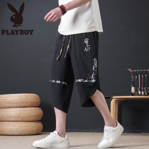 花花公子（PLAYBOY）中国风短裤男士夏季2025新款国潮七分裤新中式休闲直筒冰丝裤子男 723白色 M 约70-100斤可穿