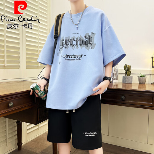 皮尔卡丹（pierre cardin）13青少年夏季套装男孩12-15岁初高中学生短袖t恤14帅气大童夏装16 6628绿色(短袖+短裤) 品质保证 M 80-100斤左右