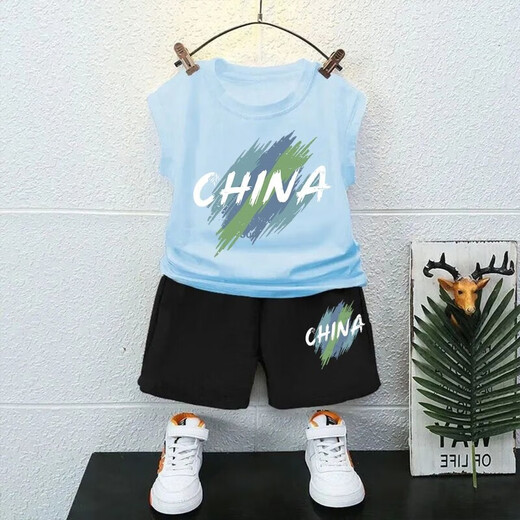 Escape Star Children's Shorts 9-14 Years Old Boy Sleeveless Vest Set Wearing Summer Thin Style Two-Piece Set in China White Vest T1049 + Black Shorts T1049 Small 90 cm Recommended height below 90CM