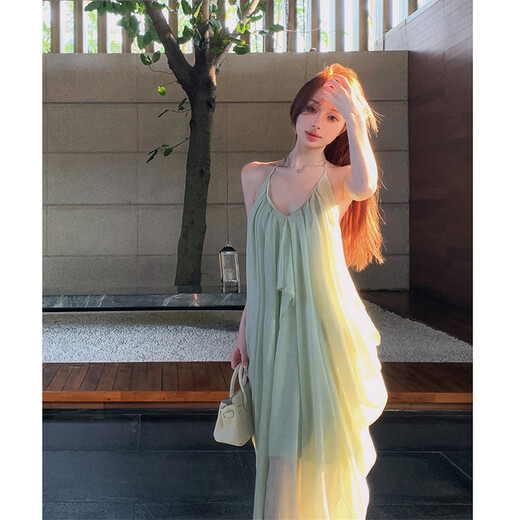 Let the mist suspender dress skirt for women summer 2025 new resort style wear seaside beach skirt long skirt pure desire French spring green texture design halter neck dress S recommended 80-90Jin Jin is equal to 0.5 kg