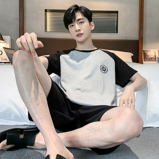 
Bangqi pajamas men summer short-sleeved shorts cotton teenagers junior high school student suit men's home clothes fat 4X HDE9928 L