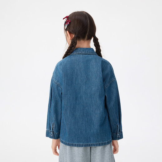 INMAN Children's Clothing Girls Light Denim Shirt Cat Print Spring and Autumn Fashion Lapel Shirt for Middle and Large Children Denim Blue 120