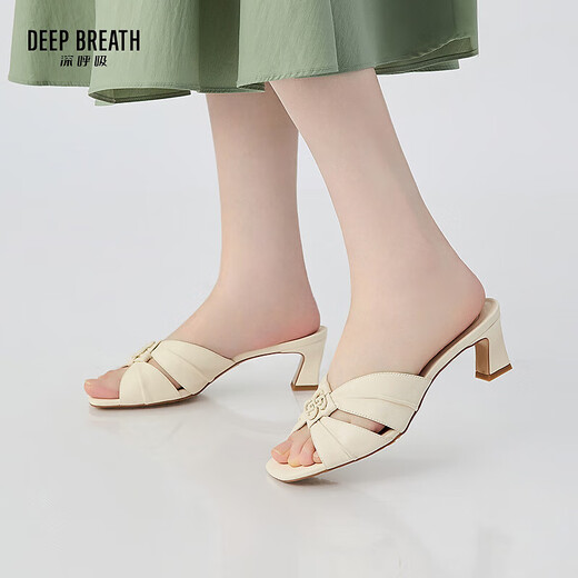 Deep Atem Tief Atem Frauenschuhe Schaffell weiche faltige dicke Absätze Jingshe bequeme High Heel Sandalen Ax14116 Weiß 39