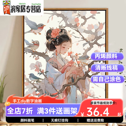Kazuo Chinese ancient style girl digital oil painting DIY new Chinese style hand-painted painting fill color acrylic oil painting decorative painting SJ16859 50*65cm photo frame (color optional) + brush pigment