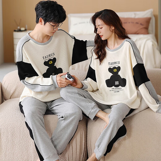 Manzhiban Паджама Весна и осень Pure Pult Cotton Long Elice Lose Plus размером домашняя одежда Мужчины и женщины тонкий хлопок Set Hmf7374# Pure Cotton Pare Set Women: M