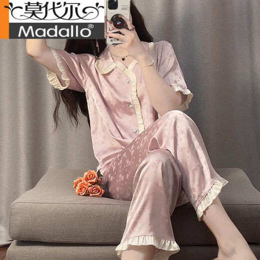Modal Palace Style Pajamas for Women Summer Set Thin Cool Ice Silk Short Sleeve Trousers Purple Girl Jacquard Home Clothing YFY-9905 [Peach Short Sleeve Trousers] M [Suggested 80-100Jin [Jin equals 0.5 kg]]