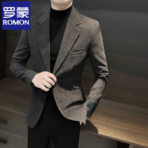 Luo Meng autumn and winter high-end handsome single suit jacket men's trendy casual suit Korean version slim buckskin velvet suit jacket brown 2XL