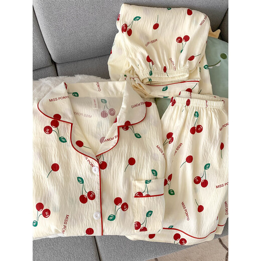 Pajama de gasa de algodón de terciopelo ártico para mujeres Pantalones de manga corta Summer Tres piezas Cardigan Cardigan Home Ropa de primavera y Autumn Cloud-9905# Black Love Set M [Sugerencia 75-100Jin [Jin equivale a 0.5 kg]]
