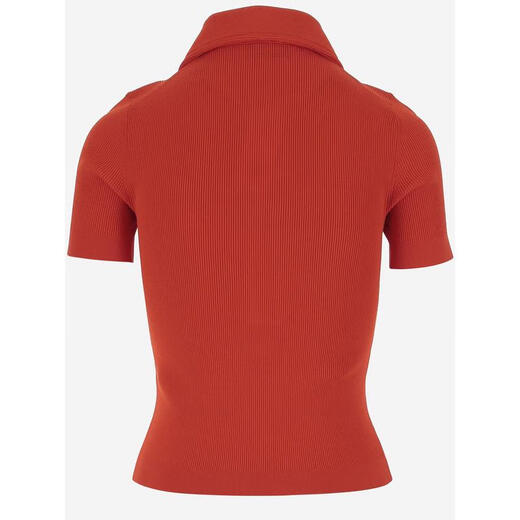 Tory Burch Women's Slim Ruffle Metal Button Knitted Sweater Light and Versatile Laminated Pullover Sweater Red One Size XS