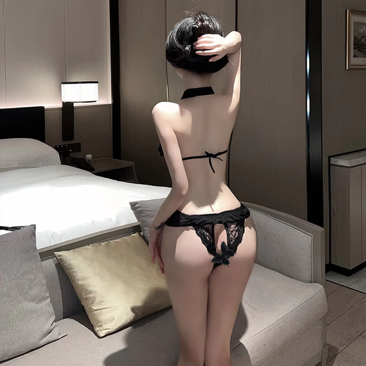 久爱性感睡衣漏乳睡裙透明紧身房事洞房战袍夫妻刺激连体衣 黑色9893【蕾丝蝴蝶结】发箍+连体衣+手环 均码_【建议体重80-120】