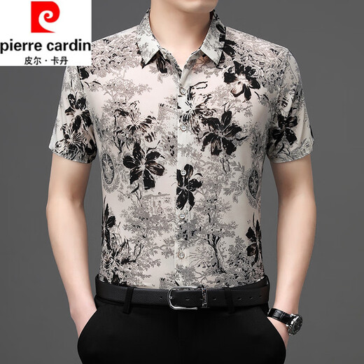 皮尔卡丹（pierre cardin）夏季新款冰丝短袖花衬衫男高级感免烫抗皱休闲印花衬衣中年爸爸装 9898黑色 4XL 190【195-210斤】