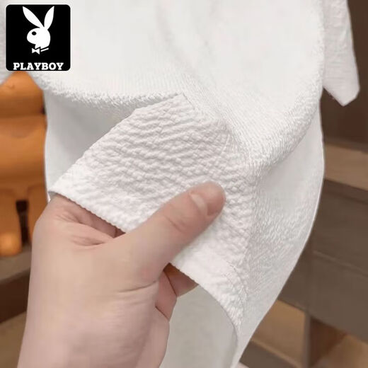 花花公子（PLAYBOY）2025新款夏季冰丝肌理感绣标圆领男士短袖时尚半袖百搭轻奢T恤男 【夏季短袖】6628白色 4XL 165-180斤