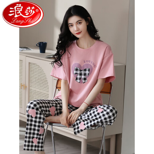 Langsha 2025 new pajamas for women, summer pure cotton short-sleeved trousers, spring and autumn summer style women's home clothes thin two-piece set ZH-9720 L, single size