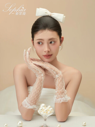 Hao Chuang Lace Mesh Handschuhe Braut Hochzeitskleid Französisch Retro Accessoires Weiße Langarm -Langarmes, die Armfoto Requisiten weiße Spitzennetzhandschuhe, ca. 23 cm