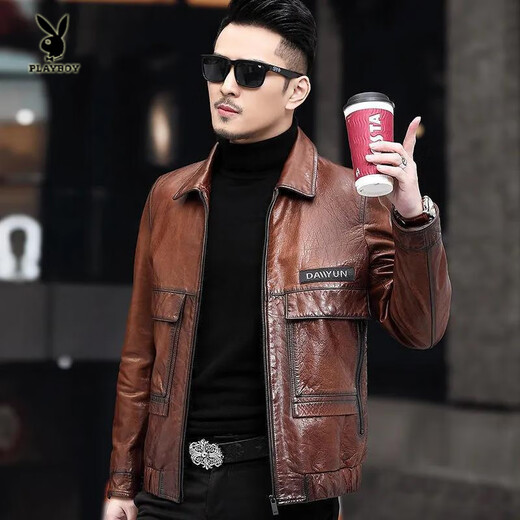 Playboy (PLAYBOY) 2025 Autumn and Winter New Genuine Leather Coat Men's Short Lapel Leather Thin Jacket Men's Leather Casual Jacket Men Yellow Brown XL 175 Code-125-135Jin Jin is equal to 0.5 kg