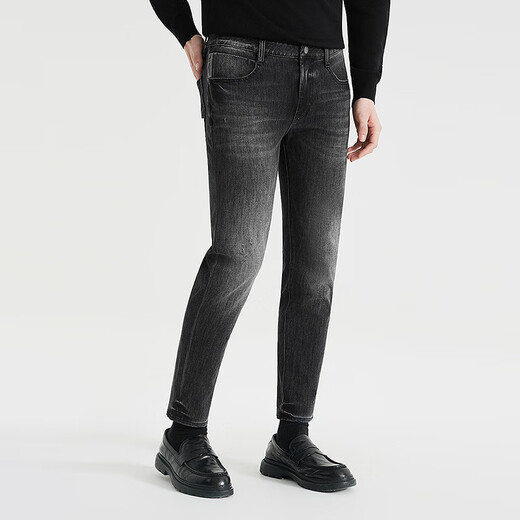Lilang four-sided elastic jeans men's low waist narrow feet nine-point pants autumn 2025 new elastic men's pants black (24QNZ13701) 33 (175/84A)