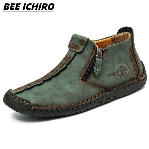 BEE ICHIRO men's Martin boots genuine leather soft sole non-slip high-top work boots breathable wear-resistant military boots versatile casual shoes men's shoes 6625 dark green 40