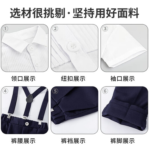 Ouyu Jungen Kleider Kleid Sommeranzug Baby Kindergarten Performance Little Host Chorus Blumenjunge Einjähriger Abschlussanzug Marine Blau (Hemd + Riemen + Shorts + rote Fliege) 130 Empfohlenes Gewicht 50-56 Jin [Jin gleich 0,5 kg]