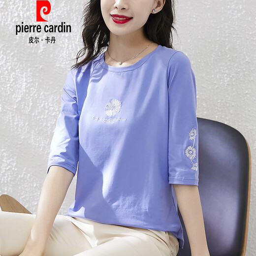 皮尔卡丹（pierre cardin）棉质中袖t恤女士宽松韩版短袖体恤2025年新款夏季七分袖春秋上衣 1DS057蓝紫+W9793冰蓝 M