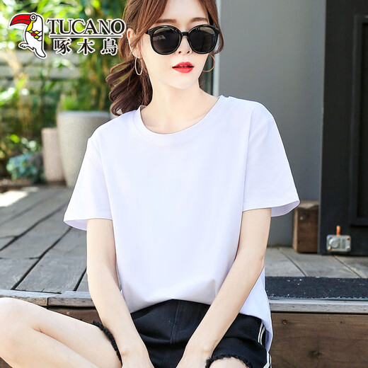 
Woodpecker high-end pure cotton T-shirt for women short-sleeved loose versatile solid color cotton green half-sleeved T-shirt summer top 6172 light purple short-sleeved M (recommended 80-105 Jin [Jin equals 0.5 kg])