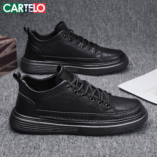 卡帝乐鳄鱼（CARTELO）男鞋夏季2025潮牌皮鞋子男软底休闲鞋男英伦板鞋 黑色 42码