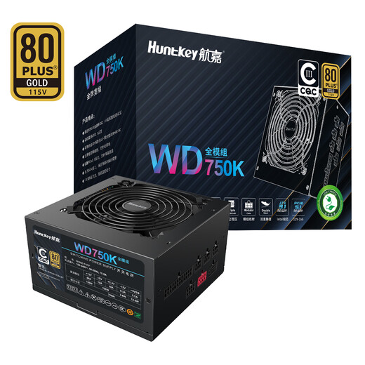 Huntkey WD750K Vollmodul Goldmedaille 750W Computer-Netzteil (80PLUS Goldmedaille/einzelne 60A/volle Spannung/LLC+SR+DC-DC/intelligente Temperaturregelung)