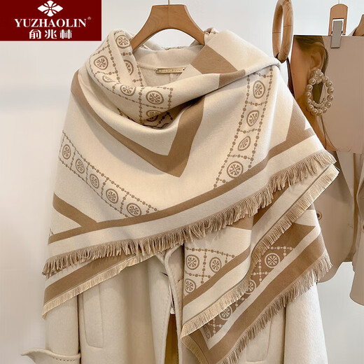 Yu Zhaolin brand 2025 new large square scarf shawl for women with autumn and winter imitation wool scarf dual-purpose thickened warm cloak annual ring khaki