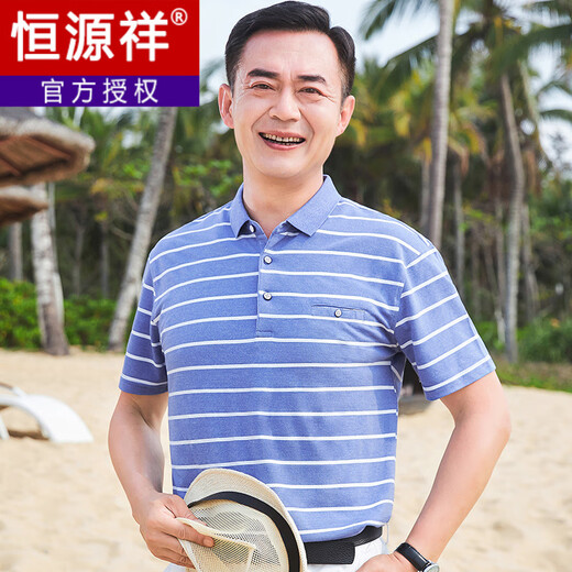 恒源祥中年爸爸夏装短袖t恤50岁polo衫父亲节夏季薄款中老年人男士爷爷 CJ9901浅蓝 M 165