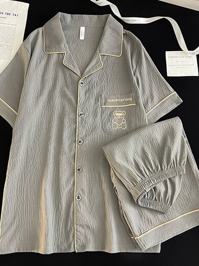 勤记男士睡衣薄款夏季云朵棉三件套男士睡衣夏季云朵绵短袖三薄款夏天 12608 XL码(建议高175左右重130~150斤 均码