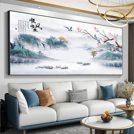 咏幻中式客厅山水挂画办公室字画背景墙装饰靠山图壁画流水生财风景画 背有靠山CT-3887 带框长140高60厘米-顺丰送货哑