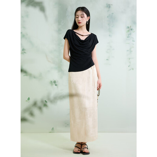 Three Color [Yuying Streamlight] 2025 Summer New Chinese Slit Satin Skirt Long Skirt Cool C Beige S