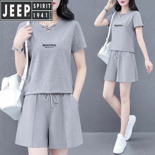 JEEP SPIRIT纯棉短袖短裤套装女2025新款夏季时髦洋气跑步灰色休闲运动两件套 灰色(粉色爱心) M(80-95斤)