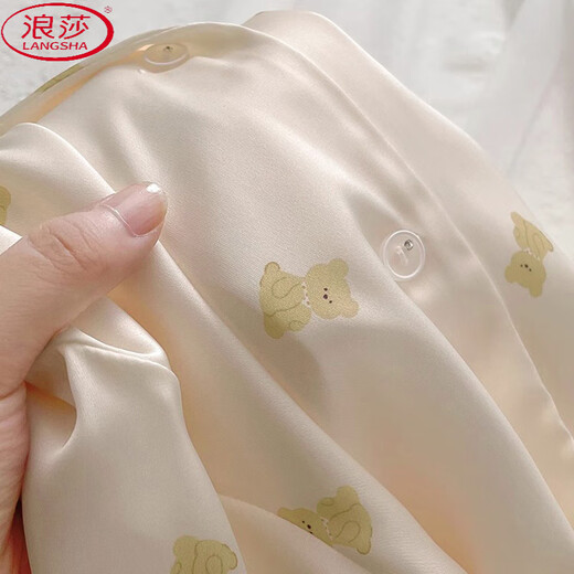 浪莎（LangSha）韩版ins冰丝绸凉感睡衣女士短袖长裤少女甜美可爱小熊家居服套装 高品质-YFY-9905【短袖长裤】 M 【建议80-100斤】