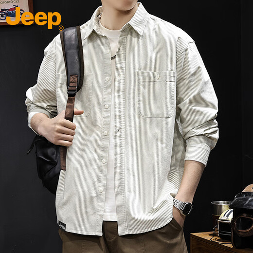 Jeep (JEEP) shirt men's long-sleeved spring and autumn striped loose casual workwear jacket clothes men's white XL