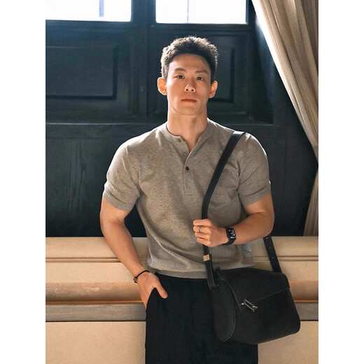 Main style (ZHUYIFAN) black training right-shoulder short-sleeved polo shirt for men, handsome Henley collar T-shirt showing muscle fitness half-sleeves, black, upgraded model 3XL (suitable) 190-210Jin Jin is equal to 0.5 kg