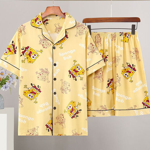 Mu Fengqing men's pajamas summer thin short sleeve shorts cartoon student teenager plus size summer home clothing set [HZ#3271] double short set M [70-100Jin[Jin equals 0.5 kg]]