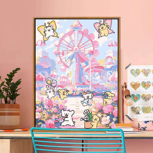 He Jiangong 2025 new line puppy digital oil painting DIY cure cartoon children's hand-painted fill coloring LL13882 acrylic paint professional oil canvas multiple professional brushes wall hanging tools 20*30cm thick solid wood inner frame